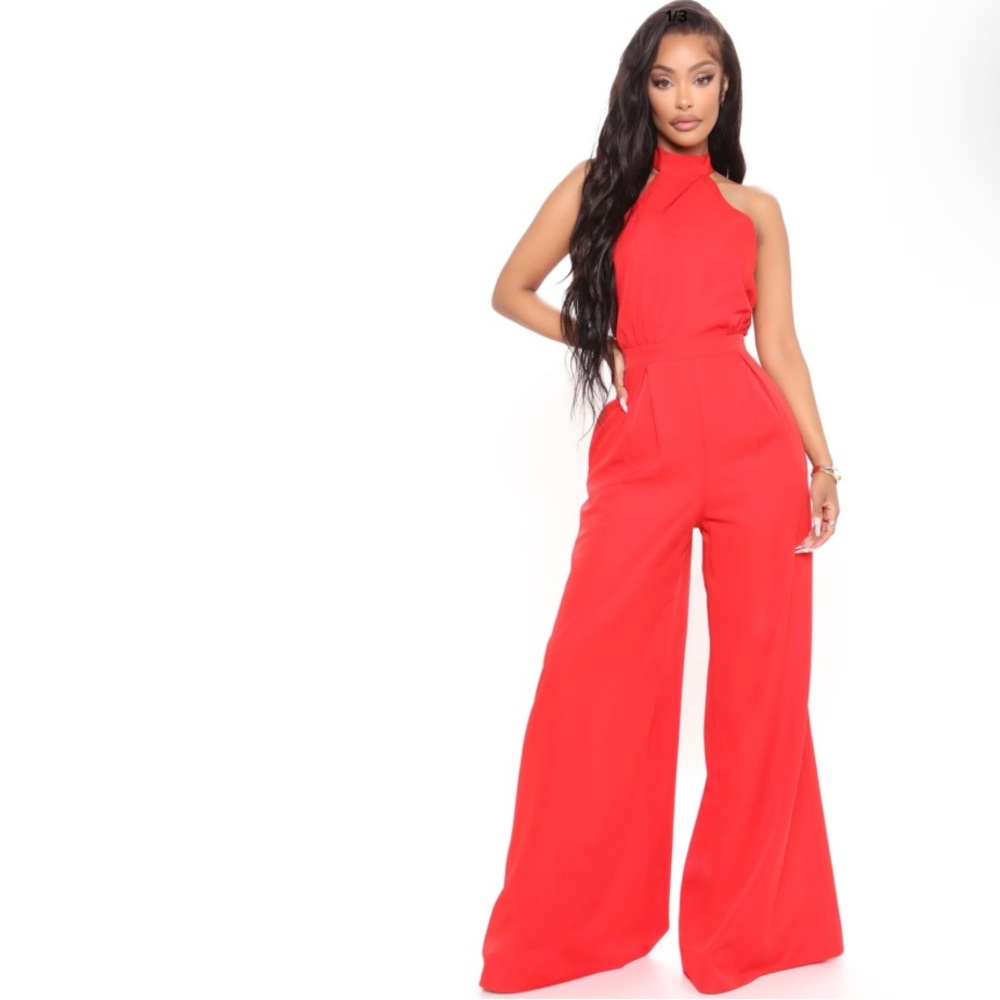 Fashion Nova Angelic Halter Jumpsuit - Red